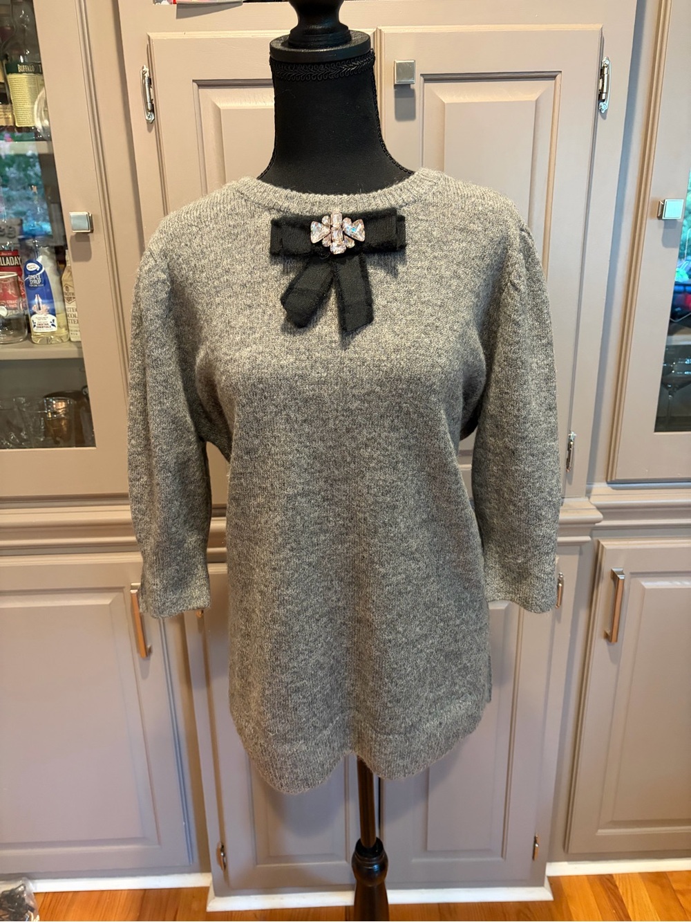 CeCe Heather Gray Crewneck Sweater with Bow Accent